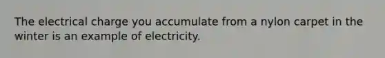 The electrical charge you accumulate from a nylon carpet in the winter is an example of electricity.