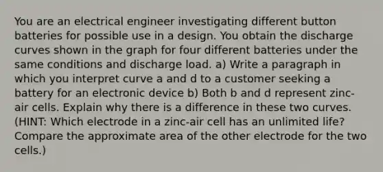 You are an electrical engineer investigating different button batteries for possible use in a design. You obtain the discharge curves shown in the graph for four different batteries under the same conditions and discharge load. a) Write a paragraph in which you interpret curve a and d to a customer seeking a battery for an electronic device b) Both b and d represent zinc-air cells. Explain why there is a difference in these two curves. (HINT: Which electrode in a zinc-air cell has an unlimited life? Compare the approximate area of the other electrode for the two cells.)