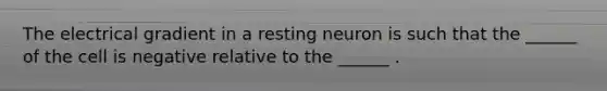 The electrical gradient in a resting neuron is such that the ______ of the cell is negative relative to the ______ .