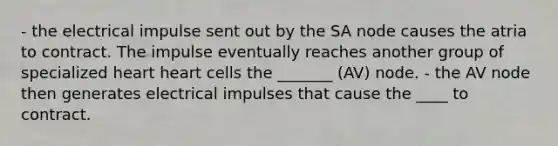 - the electrical impulse sent out by the SA node causes the atria to contract. The impulse eventually reaches another group of specialized heart heart cells the _______ (AV) node. - the AV node then generates electrical impulses that cause the ____ to contract.