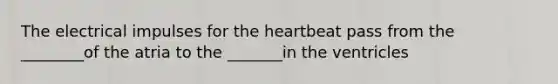 The electrical impulses for the heartbeat pass from the ________of the atria to the _______in the ventricles