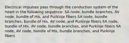 Electrical impulses pass through the conduction system of the heart in the following sequence: SA node, bundle branches, AV node, bundle of His, and Purkinje fibers SA node, bundle branches, bundle of His, AV node, and Purkinje fibers SA node, bundle of His, AV node, bundle branches, and Purkinje fibers SA node, AV node, bundle of His, bundle branches, and Purkinje fibers