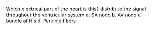 Which electrical part of the heart is this? distribute the signal throughout the ventricular system a. SA node b. AV node c. bundle of His d. Perkinje fibers