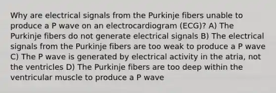 Why are electrical signals from the Purkinje fibers unable to produce a P wave on an electrocardiogram (ECG)? A) The Purkinje fibers do not generate electrical signals B) The electrical signals from the Purkinje fibers are too weak to produce a P wave C) The P wave is generated by electrical activity in the atria, not the ventricles D) The Purkinje fibers are too deep within the ventricular muscle to produce a P wave