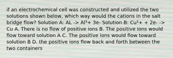 if an electrochemical cell was constructed and utilized the two solutions shown below, which way would the cations in the salt bridge flow? Solution A: AL -> Al³+ 3e- Solution B: Cu²+ + 2e- -> Cu A. There is no flow of positive ions B. The positive ions would flow toward solution A C. The positive ions would flow toward solution B D. the positive ions flow back and forth between the two containers