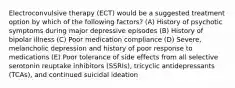 Electroconvulsive therapy (ECT) would be a suggested treatment option by which of the following factors? (A) History of psychotic symptoms during major depressive episodes (B) History of bipolar illness (C) Poor medication compliance (D) Severe, melancholic depression and history of poor response to medications (E) Poor tolerance of side effects from all selective serotonin reuptake inhibitors (SSRIs), tricyclic antidepressants (TCAs), and continued suicidal ideation