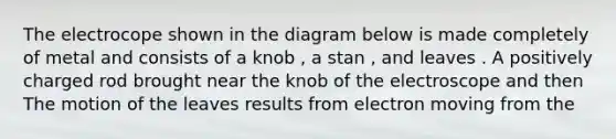 The electrocope shown in the diagram below is made completely of metal and consists of a knob , a stan , and leaves . A positively charged rod brought near the knob of the electroscope and then The motion of the leaves results from electron moving from the