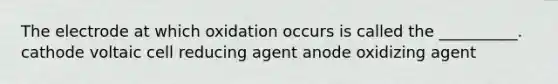 The electrode at which oxidation occurs is called the __________. cathode voltaic cell reducing agent anode oxidizing agent