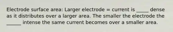 Electrode surface area: Larger electrode = current is _____ dense as it distributes over a larger area. The smaller the electrode the ______ intense the same current becomes over a smaller area.