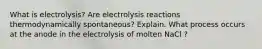 What is electrolysis? Are electrolysis reactions thermodynamically spontaneous? Explain. What process occurs at the anode in the electrolysis of molten NaCl ?