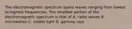 The electromagnetic spectrum spans waves ranging from lowest to highest frequencies. The smallest portion of the electromagnetic spectrum is that of A. radio waves B. microwaves C. visible light D. gamma rays