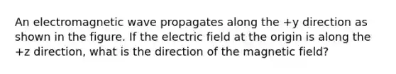 An electromagnetic wave propagates along the +y direction as shown in the figure. If the electric field at the origin is along the +z direction, what is the direction of the magnetic field?