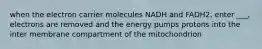 when the electron carrier molecules NADH and FADH2, enter ___, electrons are removed and the energy pumps protons into the inter membrane compartment of the mitochondrion