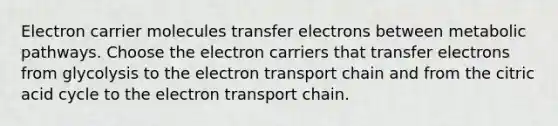 Electron carrier molecules transfer electrons between metabolic pathways. Choose the electron carriers that transfer electrons from glycolysis to the electron transport chain and from the citric acid cycle to the electron transport chain.