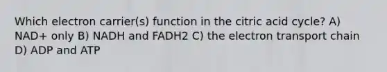 Which electron carrier(s) function in the citric acid cycle? A) NAD+ only B) NADH and FADH2 C) the electron transport chain D) ADP and ATP