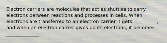 Electron carriers are molecules that act as shuttles to carry electrons between reactions and processes in cells. When electrons are transferred to an electron carrier it gets __________, and when an electron carrier gives up its electrons, it becomes ______________