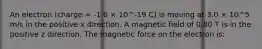 An electron (charge = -1.6 × 10^-19 C) is moving at 3.0 × 10^5 m/s in the positive x direction. A magnetic field of 0.80 T is in the positive z direction. The magnetic force on the electron is: