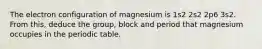 The electron configuration of magnesium is 1s2 2s2 2p6 3s2. From this, deduce the group, block and period that magnesium occupies in the periodic table.