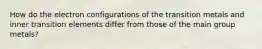 How do the electron configurations of the transition metals and inner transition elements differ from those of the main group metals?