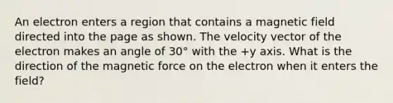 An electron enters a region that contains a magnetic field directed into the page as shown. The velocity vector of the electron makes an angle of 30° with the +y axis. What is the direction of the magnetic force on the electron when it enters the field?