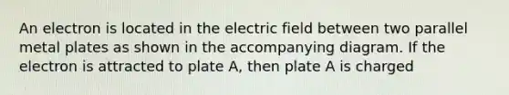 An electron is located in the electric field between two parallel metal plates as shown in the accompanying diagram. If the electron is attracted to plate A, then plate A is charged