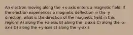 An electron moving along the +x-axis enters a magnetic field. If the electron experiences a magnetic deflection in the -y direction, what is the direction of the magnetic field in this region? A) along the +z-axis B) along the -z-axis C) along the -x-axis D) along the +y-axis E) along the -y-axis