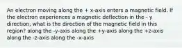 An electron moving along the + x-axis enters a magnetic field. If the electron experiences a magnetic deflection in the - y direction, what is the direction of the magnetic field in this region? along the -y-axis along the +y-axis along the +z-axis along the -z-axis along the -x-axis