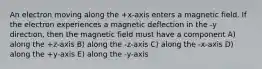 An electron moving along the +x-axis enters a magnetic field. If the electron experiences a magnetic deflection in the -y direction, then the magnetic field must have a component A) along the +z-axis B) along the -z-axis C) along the -x-axis D) along the +y-axis E) along the -y-axis