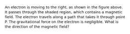 An electron is moving to the right, as shown in the figure above. It passes through the shaded region, which contains a magnetic field. The electron travels along a path that takes it through point P. The gravitational force on the electron is negligible. What is the direction of the magnetic field?