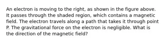 An electron is moving to the right, as shown in the figure above. It passes through the shaded region, which contains a magnetic field. The electron travels along a path that takes it through point P. The gravitational force on the electron is negligible. What is the direction of the magnetic field?