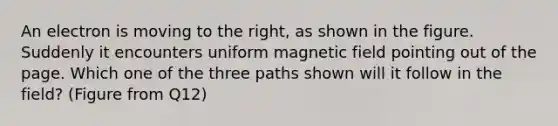 An electron is moving to the right, as shown in the figure. Suddenly it encounters uniform magnetic field pointing out of the page. Which one of the three paths shown will it follow in the field? (Figure from Q12)