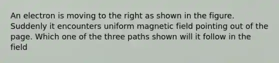 An electron is moving to the right as shown in the figure. Suddenly it encounters uniform magnetic field pointing out of the page. Which one of the three paths shown will it follow in the field