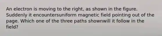 An electron is moving to the right, as shown in the figure. Suddenly it encountersuniform magnetic field pointing out of the page. Which one of the three paths shownwill it follow in the field?