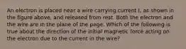 An electron is placed near a wire carrying current I, as shown in the figure above, and released from rest. Both the electron and the wire are in the plane of the page. Which of the following is true about the direction of the initial magnetic force acting on the electron due to the current in the wire?