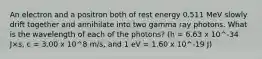 An electron and a positron both of rest energy 0.511 MeV slowly drift together and annihilate into two gamma ray photons. What is the wavelength of each of the photons? (h = 6.63 x 10^-34 J×s, c = 3.00 x 10^8 m/s, and 1 eV = 1.60 x 10^-19 J)