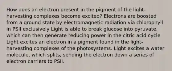 How does an electron present in the pigment of the light-harvesting complexes become excited? Electrons are boosted from a ground state by electromagnetic radiation via chlorophyll in PSII exclusively Light is able to break glucose into pyruvate, which can then generate reducing power in the citric acid cycle Light excites an electron in a pigment found in the light-harvesting complexes of the photosystems. Light excites a water molecule, which splits, sending the electron down a series of electron carriers to PSII.