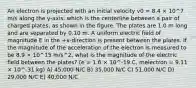 An electron is projected with an initial velocity v0 = 8.4 × 10^7 m/s along the y-axis, which is the centerline between a pair of charged plates, as shown in the figure. The plates are 1.0 m long and are separated by 0.10 m. A uniform electric field of magnitude E in the +x-direction is present between the plates. If the magnitude of the acceleration of the electron is measured to be 8.9 × 10^15 m/s^2, what is the magnitude of the electric field between the plates? (e = 1.6 × 10^-19 C, melectron = 9.11 × 10^-31 kg) A) 45,000 N/C B) 35,000 N/C C) 51,000 N/C D) 29,000 N/C E) 40,000 N/C