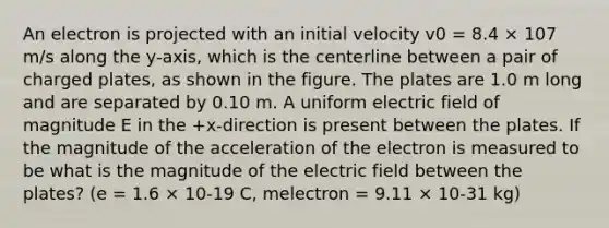 An electron is projected with an initial velocity v0 = 8.4 × 107 m/s along the y-axis, which is the centerline between a pair of charged plates, as shown in the figure. The plates are 1.0 m long and are separated by 0.10 m. A uniform electric field of magnitude E in the +x-direction is present between the plates. If the magnitude of the acceleration of the electron is measured to be what is the magnitude of the electric field between the plates? (e = 1.6 × 10-19 C, melectron = 9.11 × 10-31 kg)