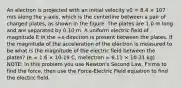 An electron is projected with an initial velocity v0 = 8.4 × 107 m/s along the y-axis, which is the centerline between a pair of charged plates, as shown in the figure. The plates are 1.0 m long and are separated by 0.10 m. A uniform electric field of magnitude E in the +x-direction is present between the plates. If the magnitude of the acceleration of the electron is measured to be what is the magnitude of the electric field between the plates? (e = 1.6 × 10-19 C, melectron = 9.11 × 10-31 kg) . NOTE: In this problem you use Newton's Second Law, F=ma to find the force, then use the Force-Electric Field equation to find the electric field.