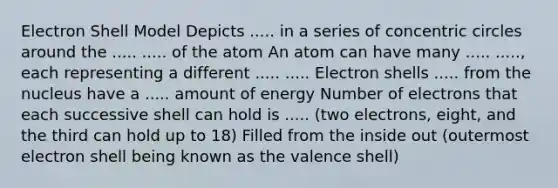 Electron Shell Model Depicts ..... in a series of concentric circles around the ..... ..... of the atom An atom can have many ..... ....., each representing a different ..... ..... Electron shells ..... from the nucleus have a ..... amount of energy Number of electrons that each successive shell can hold is ..... (two electrons, eight, and the third can hold up to 18) Filled from the inside out (outermost electron shell being known as the valence shell)