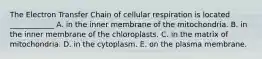 The Electron Transfer Chain of cellular respiration is located ____________ A. in the inner membrane of the mitochondria. B. in the inner membrane of the chloroplasts. C. in the matrix of mitochondria. D. in the cytoplasm. E. on the plasma membrane.