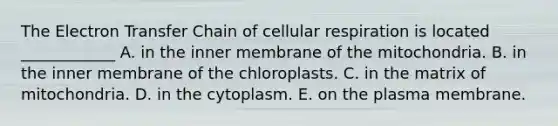 The Electron Transfer Chain of cellular respiration is located ____________ A. in the inner membrane of the mitochondria. B. in the inner membrane of the chloroplasts. C. in the matrix of mitochondria. D. in the cytoplasm. E. on the plasma membrane.