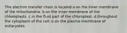 The electron transfer chain is located a.on the inner membrane of the mitochondria. b.on the inner membrane of the chloroplasts. c.in the fluid part of the chloroplast. d.throughout the cytoplasm of the cell. e.on the plasma membrane of eukaryotes.