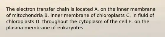 The <a href='https://www.questionai.com/knowledge/kzP6QOcY63-electron-transfer' class='anchor-knowledge'>electron transfer</a> chain is located A. on the inner membrane of mitochondria B. inner membrane of chloroplasts C. in fluid of chloroplasts D. throughout the cytoplasm of the cell E. on the plasma membrane of eukaryotes