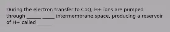 During the <a href='https://www.questionai.com/knowledge/kzP6QOcY63-electron-transfer' class='anchor-knowledge'>electron transfer</a> to CoQ, H+ ions are pumped through ______ _____ intermembrane space, producing a reservoir of H+ called ______