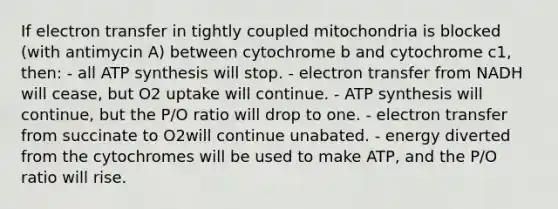 If electron transfer in tightly coupled mitochondria is blocked (with antimycin A) between cytochrome b and cytochrome c1, then: - all <a href='https://www.questionai.com/knowledge/kx3XpCJrFz-atp-synthesis' class='anchor-knowledge'>atp synthesis</a> will stop. - electron transfer from NADH will cease, but O2 uptake will continue. - ATP synthesis will continue, but the P/O ratio will drop to one. - electron transfer from succinate to O2will continue unabated. - energy diverted from the cytochromes will be used to make ATP, and the P/O ratio will rise.