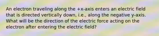 An electron traveling along the +x-axis enters an electric field that is directed vertically down, i.e., along the negative y-axis. What will be the direction of the electric force acting on the electron after entering the electric field?