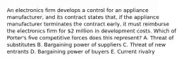 An electronics firm develops a control for an appliance​ manufacturer, and its contract states​ that, if the appliance manufacturer terminates the contract​ early, it must reimburse the electronics firm for​ 2 million in development costs. Which of​ Porter's five competitive forces does this​ represent? A. Threat of substitutes B. Bargaining power of suppliers C. Threat of new entrants D. Bargaining power of buyers E. Current rivalry