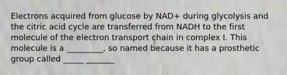 Electrons acquired from glucose by NAD+ during glycolysis and the citric acid cycle are transferred from NADH to the first molecule of the electron transport chain in complex I. This molecule is a _________, so named because it has a prosthetic group called _____ _______