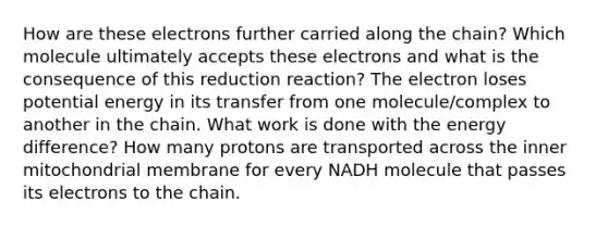 How are these electrons further carried along the chain? Which molecule ultimately accepts these electrons and what is the consequence of this reduction reaction? The electron loses potential energy in its transfer from one molecule/complex to another in the chain. What work is done with the energy difference? How many protons are transported across the inner mitochondrial membrane for every NADH molecule that passes its electrons to the chain.